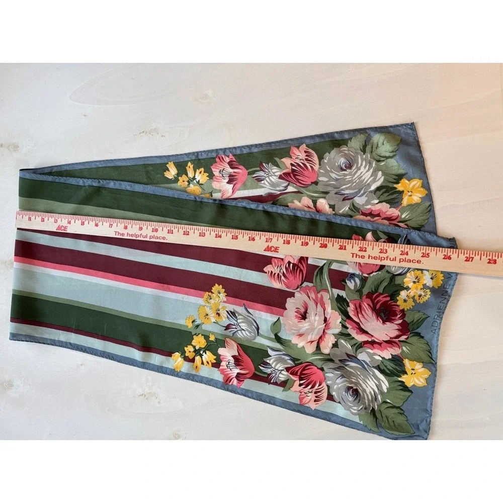 Adrienne Vittadini Vintage Floral Striped Silk Scarf Green Burgundy Blue 56 Inch